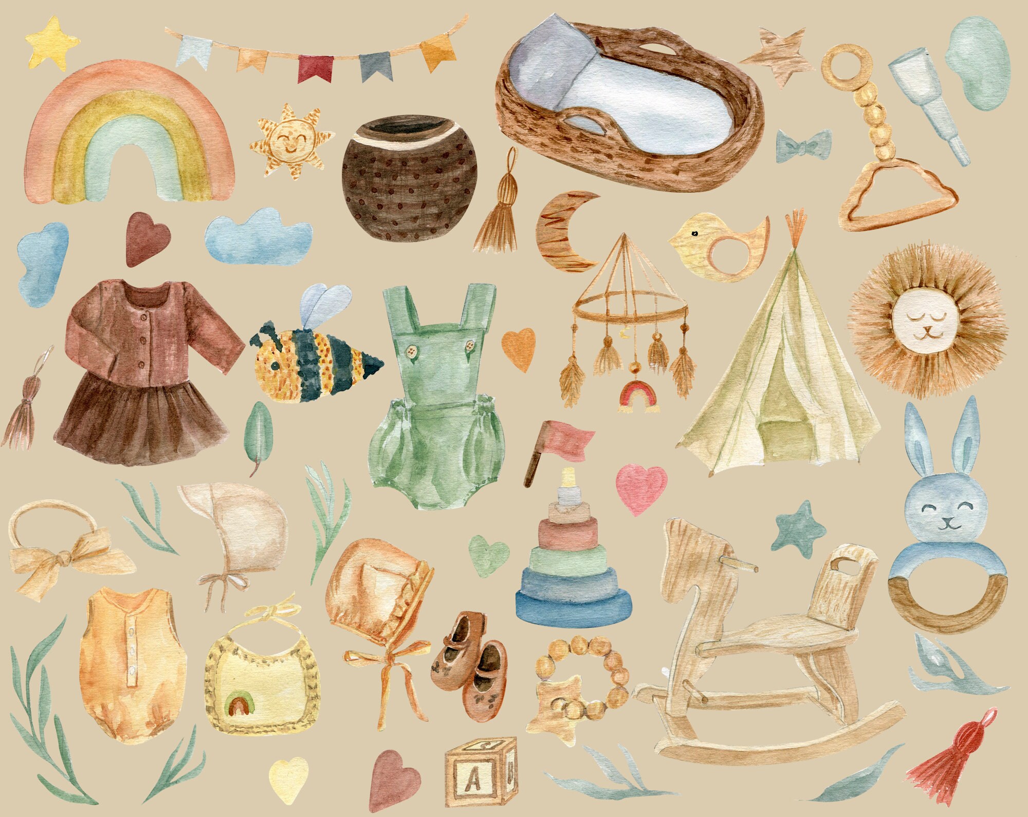 Watercolor Boho Baby Shower Clipart, Wood Baby Toys - Etsy