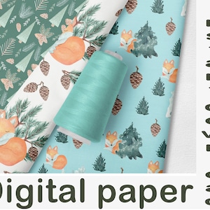 Acuarela de patrones sin fisuras, pinos y zorros, papel digital