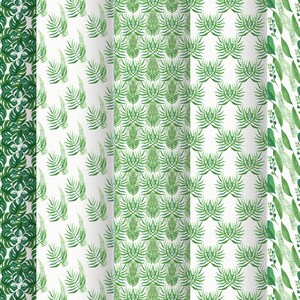 May include: Five different seamless patterns featuring green watercolor leaves on a white background. The patterns are perfect for creating digital or printed designs for fabric, wallpaper, wrapping paper, and more.