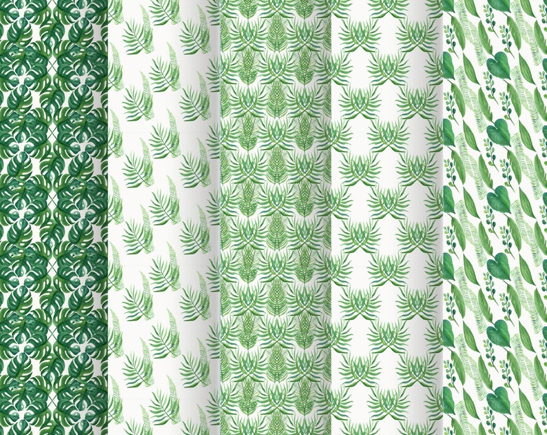 May include: Five different seamless patterns featuring green watercolor leaves on a white background. The patterns are perfect for creating digital or printed designs for fabric, wallpaper, wrapping paper, and more.