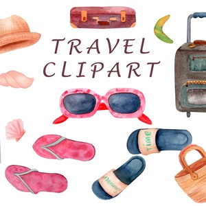Conjunto de clipart de viagem de verão, gráficos de férias em aquarela, coleção Wanderlust - Clip Art de álbum de recortes de férias