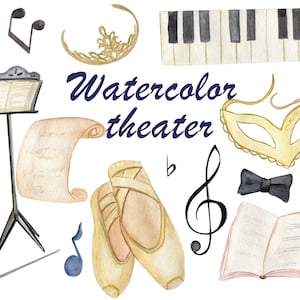 Clipart de teatro em aquarela, notas musicais png, clipart escolar.