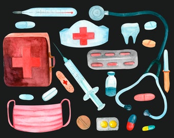 Medical clipart. Watercolor nurse clipart. First Aid Kit