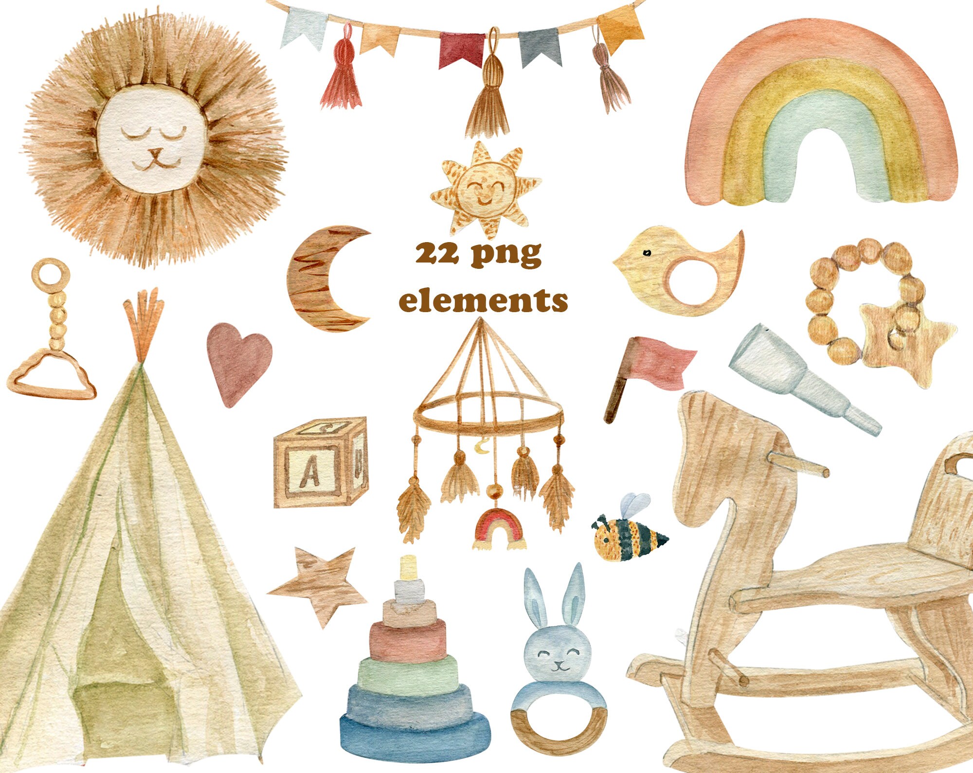 Wood Baby Toys, Boho Baby Shower Clipart - Etsy