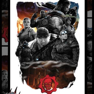 Puede incluir: Póster ilustrado digitalmente con personajes de la serie de videojuegos Gears of War. La imagen muestra un grupo de soldados con equipo de combate, ambientados en un entorno devastado por la guerra. El logotipo de Gears of War es visible.