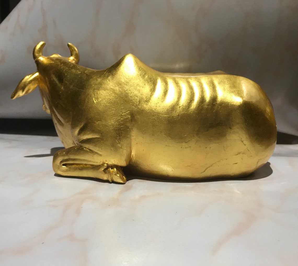 The Golden Cow Wooden Pure Gold Plated Sitting Cow Statue Etsy