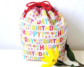 Gift bag fabric Kinchaku bag fabric bag Happy Birthday Ready to ship