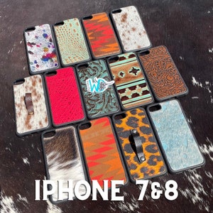 May include: Assortment of colourful iPhone 7 & 8 phone cases with various patterns and designs. The cases feature cowhide, leather, and geometric patterns.