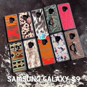 May include: A collection of 10 different phone cases for the Samsung Galaxy S9. The cases feature a variety of patterns, including cowhide, paisley, and geometric designs. The cases are all black with a clear window for the phone's camera.