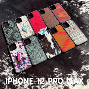 May include: Assortment of ten iPhone 12 Pro Max phone cases with various designs. The cases feature a variety of colours and patterns, including turquoise, red, brown, white, and black. The cases are made of leather and have a black border.