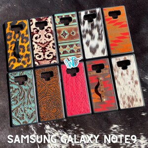 May include: Ten different Samsung Galaxy Note 9 phone cases with various designs. The cases are made of leather and have a variety of colours and patterns, including turquoise, brown, red, black, white, and orange. The cases are all in a black frame.