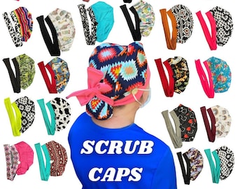 Bouffant Scrub Cap Surgical Cap with Stretchy Headband and Buttons for Ear Saver (Leopard, Cheetah, Turquoise, Aztec, Floral, Cactus)