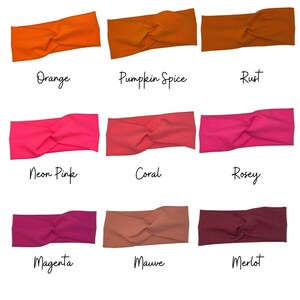 May include: Nine different colors of stretchy, knotted headbands. The colors are: orange, pumpkin spice, rust, neon pink, coral, rose, magenta, mauve, and merlot.