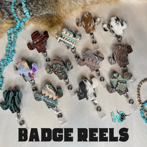 Cactus Genuine Leather and Cowhide Badge Reels Lightweight (Turquoise, Ostrich, Western, Cowhide, Crocodile) READ DESCRIPTION