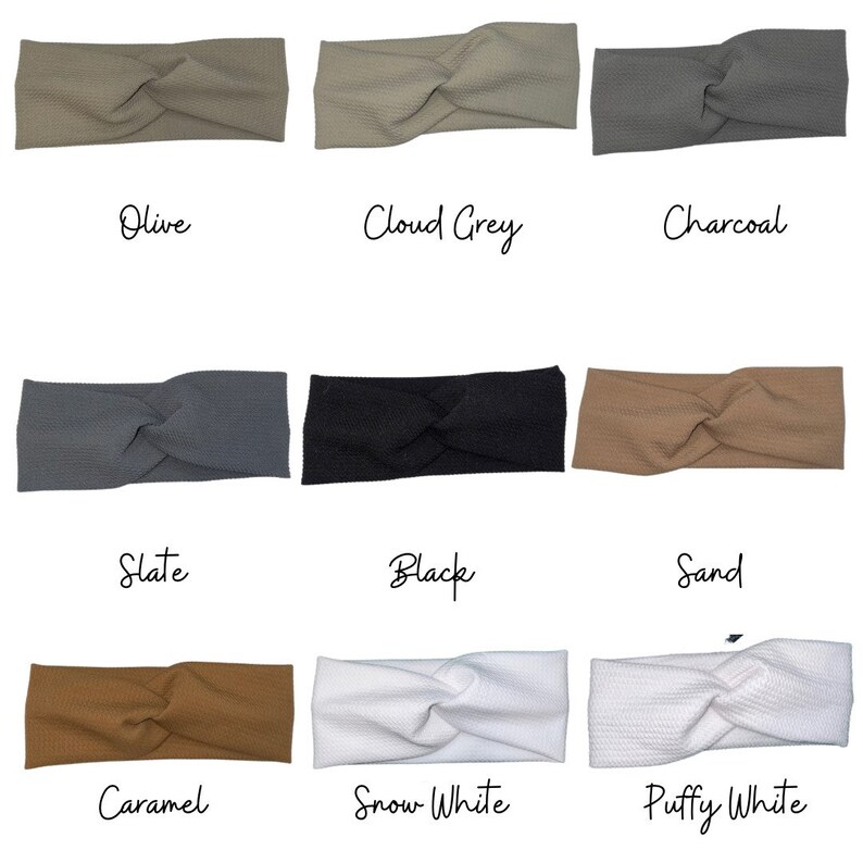 May include: Nine different colors of knotted headbands. The colors are olive, cloud grey, charcoal, slate, black, sand, caramel, snow white, and puffy white.