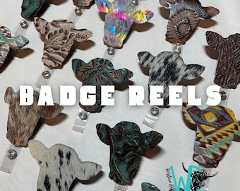 Cow Cattle Genuine Leather and Cowhide Badge Reels Lightweight (Turquoise, Ostrich, Western, Cowhide, Crocodile) READ DESCRIPTION