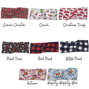 May include: A collection of ten different patterned headbands. The headbands are made of a soft, stretchy fabric and are perfect for adding a touch of style to any outfit. The patterns include a Grinch cheetah print, a Grinch Christmas print, a Christmas truck print, plaid trees, red plaid, black and white plaid, autumn leaves, pumpkins, and a Bippity Boppity Boo print.