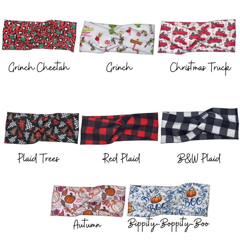 May include: A collection of ten different patterned headbands. The headbands are made of a soft, stretchy fabric and are perfect for adding a touch of style to any outfit. The patterns include a Grinch cheetah print, a Grinch Christmas print, a Christmas truck print, plaid trees, red plaid, black and white plaid, autumn leaves, pumpkins, and a Bippity Boppity Boo print.