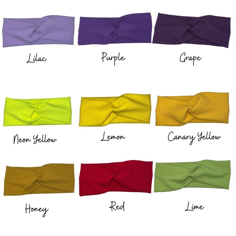 May include: Nine different colors of stretchy fabric headbands. The colors are lilac, purple, grape, neon yellow, lemon, canary yellow, honey, red, and lime.