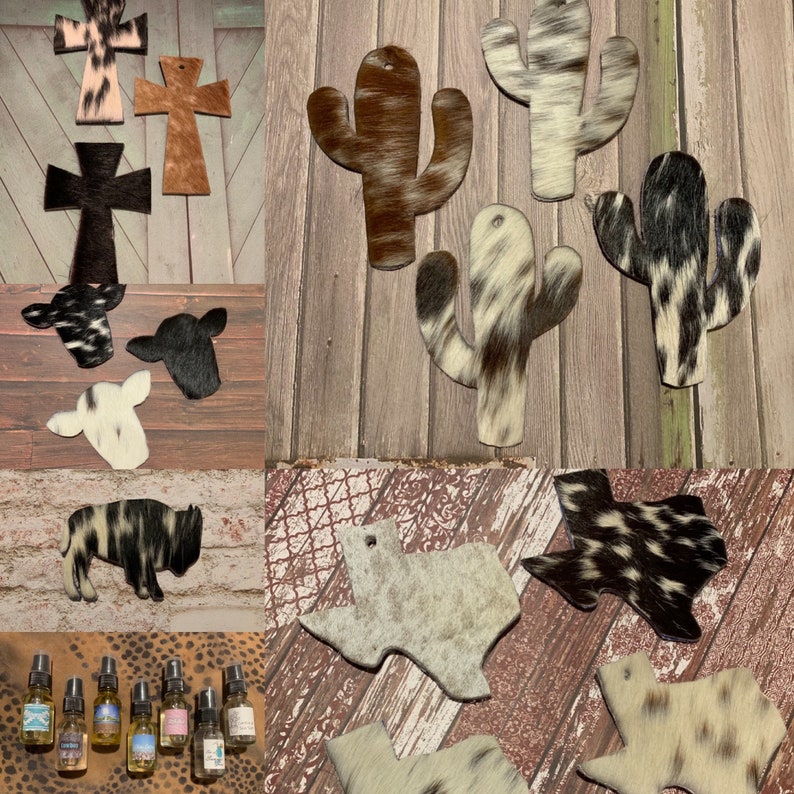 Puede incluir: Una colecci&oacute;n de artesan&iacute;as de cuero de vaca, que incluye un recorte en forma de Texas, un cactus y una cruz. Las artesan&iacute;as son todas en varios tonos de marr&oacute;n, negro y blanco.