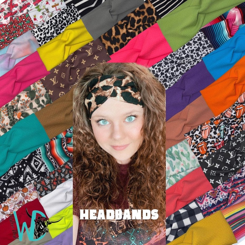 May include: A collection of colorful and patterned headbands, including leopard print, floral, and geometric designs. The headbands are arranged in a grid pattern and feature a variety of colors, including pink, blue, green, and brown. The word "HEADBANDS" is written in white text on a black background in the center of the image.