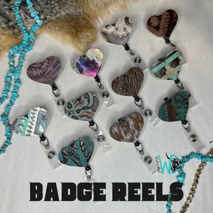 Heart Genuine Leather and Cowhide Badge Reels Lightweight (Turquoise, Ostrich, Western, Cowhide, Crocodile) READ DESCRIPTION