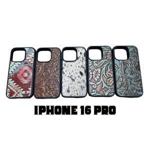 May include: Five iPhone 16 Pro phone cases with diverse designs. The cases showcase patterns such as a southwestern geometric design, floral tooling, cowhide, and turquoise and brown floral patterns. The text "IPHONE 16 PRO" is displayed below the cases.