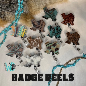 Texas Genuine Leather and Cowhide Badge Reels Lightweight (Turquoise, Ostrich, Western, Cowhide, Crocodile) READ DESCRIPTION