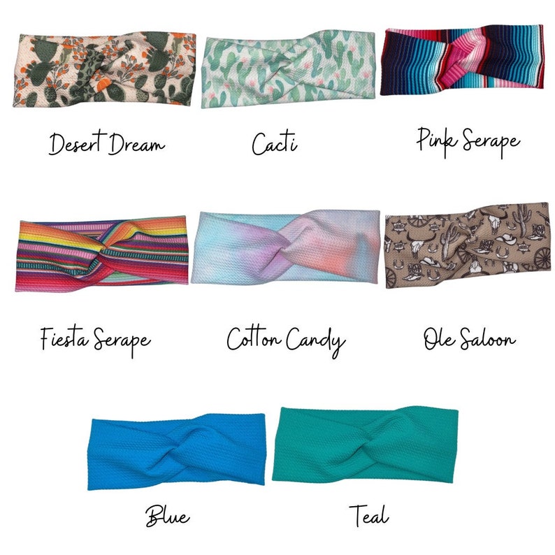 May include: Ten different patterned and solid color headbands. The headbands are made of a soft, stretchy fabric and are designed to be worn as a headband or a hair tie. The patterns include desert dream, cacti, pink serape, fiesta serape, cotton candy, ole saloon, blue, and teal.