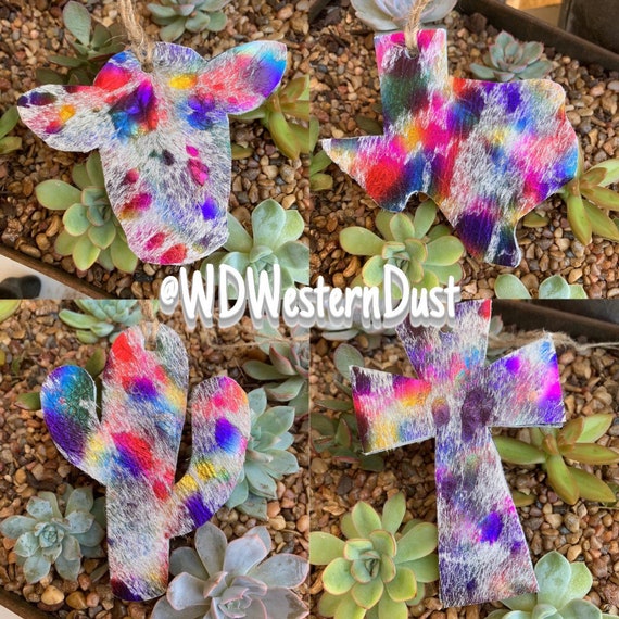 Genuine Cowhide Reusable Car Freshener with Fragrance Bottle RAINBOW Metallic (Texas,Cactus,Cross,Cow)(Fragrance Details In Description)