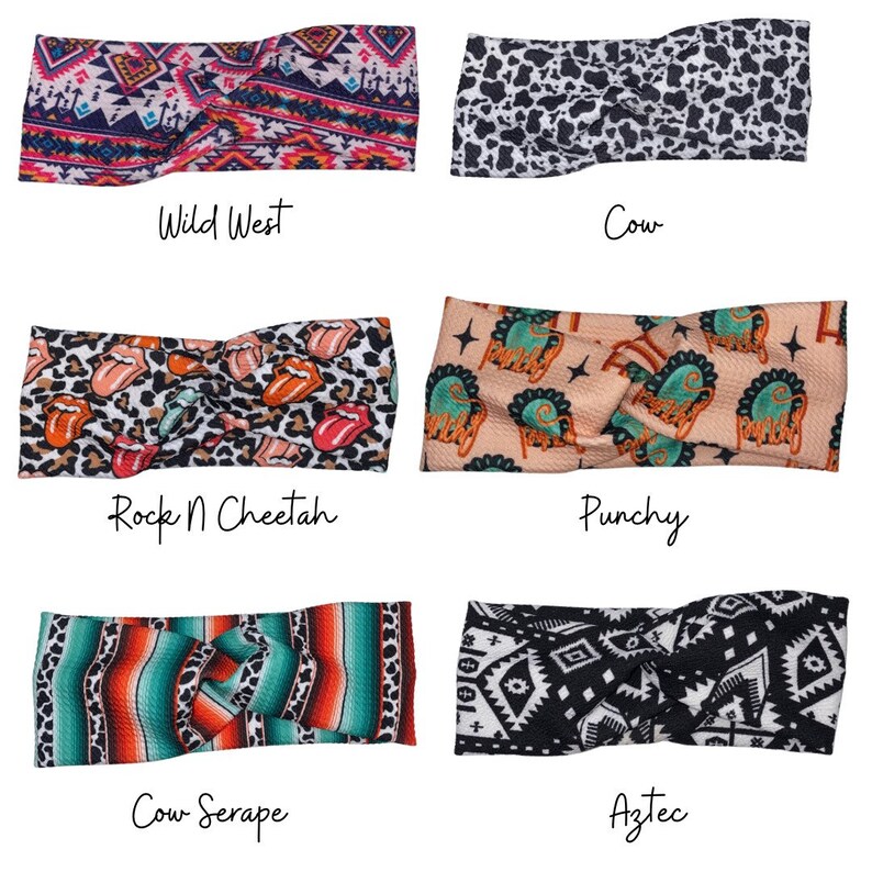 May include: Six different patterned headbands, each with a different name below. The patterns include: Wild West, Cow, Rock 'N Cheetah, Punchy, Cow Serape, and Aztec.