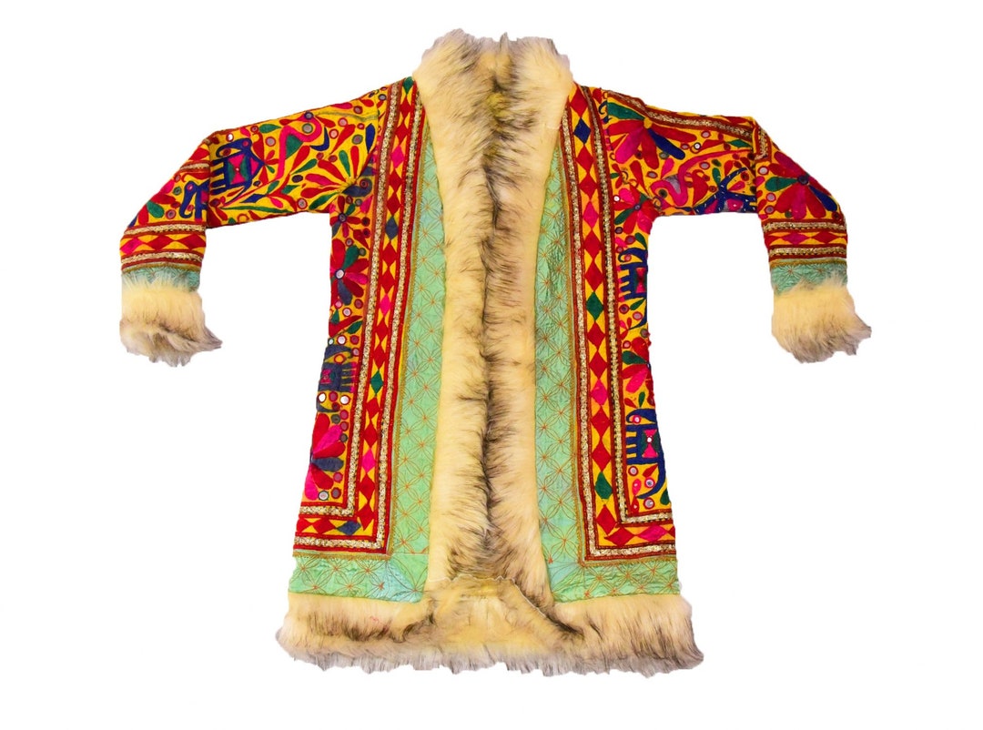 Banjara Faux Fur Jacket Gujarati Kutch Embroidery Jacket Boho Gypsy