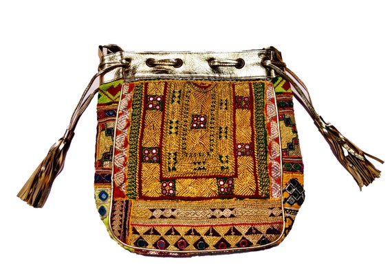 Indian Tote Afghani Vintage Banjara Golden Leathe… - image 3