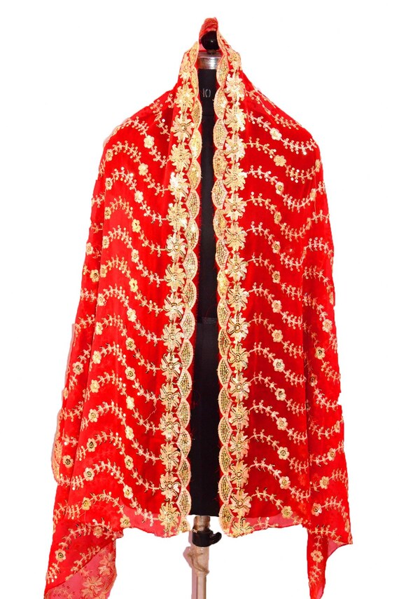 Vintage Indian Sequins Dupatta Long Stole Embroid… - image 8