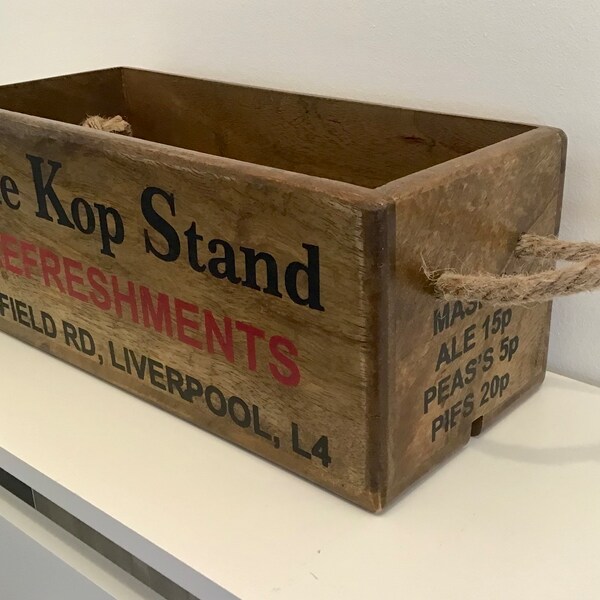 Liverpool's Kop Stand, Anfield Road rustic - retro style wooden storage crate for Liverpool fans. Great Liverpool themed gift box.