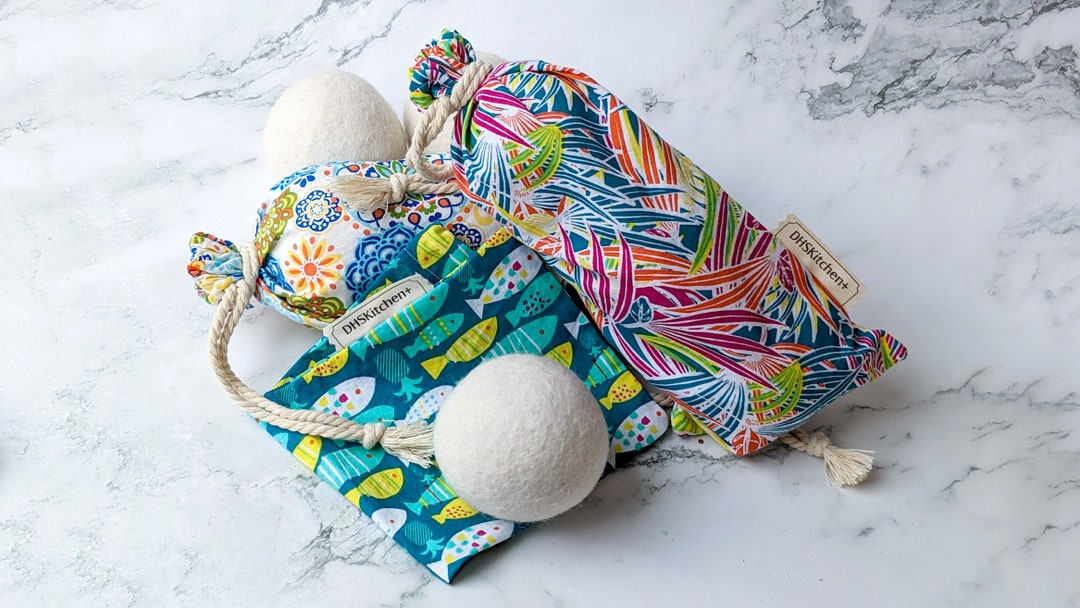 Wool Dryer Balls Dryer Ball Gift Set Set of 3 Handmade Print Storage