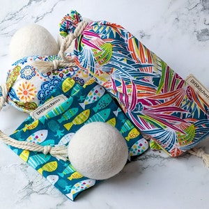 Wool Dryer Balls | Dryer Ball Gift Set | Set of 3 | Handmade Print Storage Bag | Housewarming Gift | Gift | Gift for Her | College