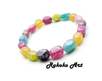 Multicolor Tourmaline Gemstone Bracelet, 7 Inch Irregular Beads, Unisex Handmade Jewelry