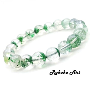 10 mm Natural Green Phantom Ghost Quartz Crystal Polished Round Beads Stretch Bracelet, Unisex Handmade Jewelry, Protection Friendship Gift.