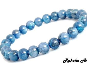 7.5mm AAA Blue Kyanite Bracelet: Crystal Cat Eye Gemstone, Beads Stretch Handmade Unisex Jewelry