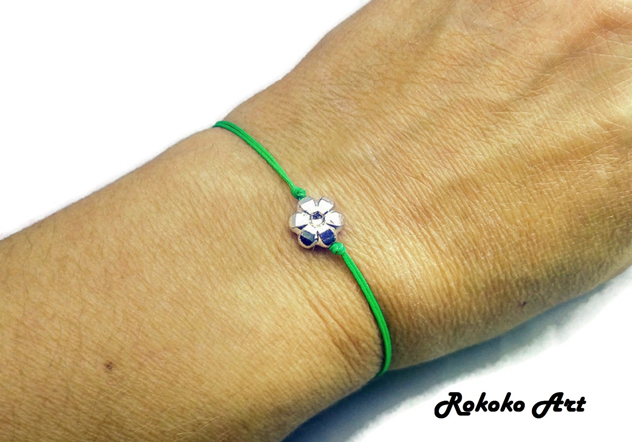 Flower Charm Bracelet.Green String Bracelet.Adjustable Etsy