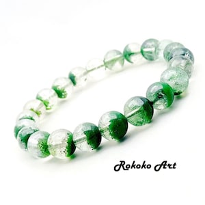 8 mm Natural Green Phantom Ghost Quartz Crystal Polished Round Beads Stretch Bracelet. Unisex Handmade Jewelry. Protection Friendship Gift.