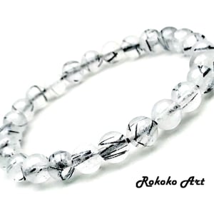 7mm Black Rutilated Quartz Crystal Bracelet: Handmade Unisex Natural Round Beads Gemstone Stretch Jewelry