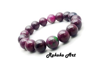 12 mm Ruby Zoisite Bracelet: Green & Red Gemstone Stretch Handmade Bracelet