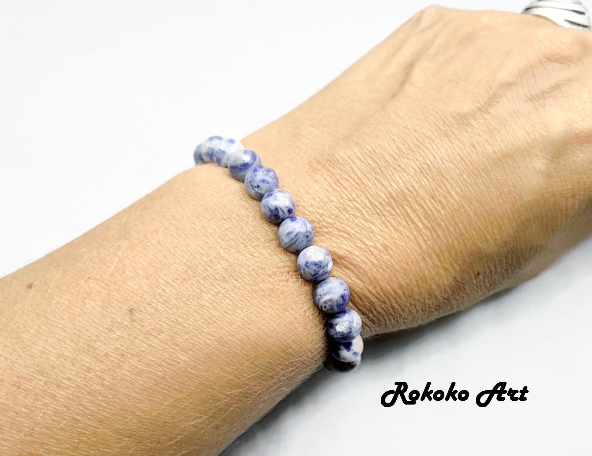 Bracelet En Dumortiérite Et Calcite – Perles 8mm Marbrées Collection H&Co – Neuf Avec étiquettes
