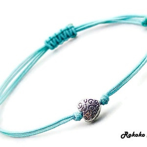 Heart Charm Bracelet.Light Blue String Bracelet.Adjustable Knot.Unisex Handmade Jewelry.Wish Bracelet.Friendship Gift.Bridesmaid Bracelet.