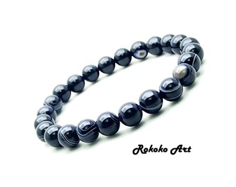 8mm AAAA Black Sardonyx Agate Bracelet: Natural Round Beads Gemstone Stretch Handmade Unisex Jewelry