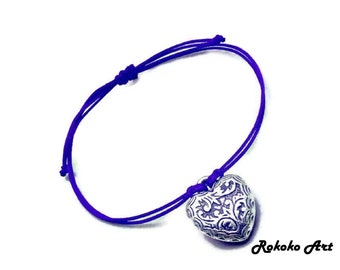Herz Charm Bracelet.Blue String Bracelet.Adjustable Knot.Unisex Bracelet.Handmade Jewelry.Wish Bracelet.Friendship Gift.Bracelet.