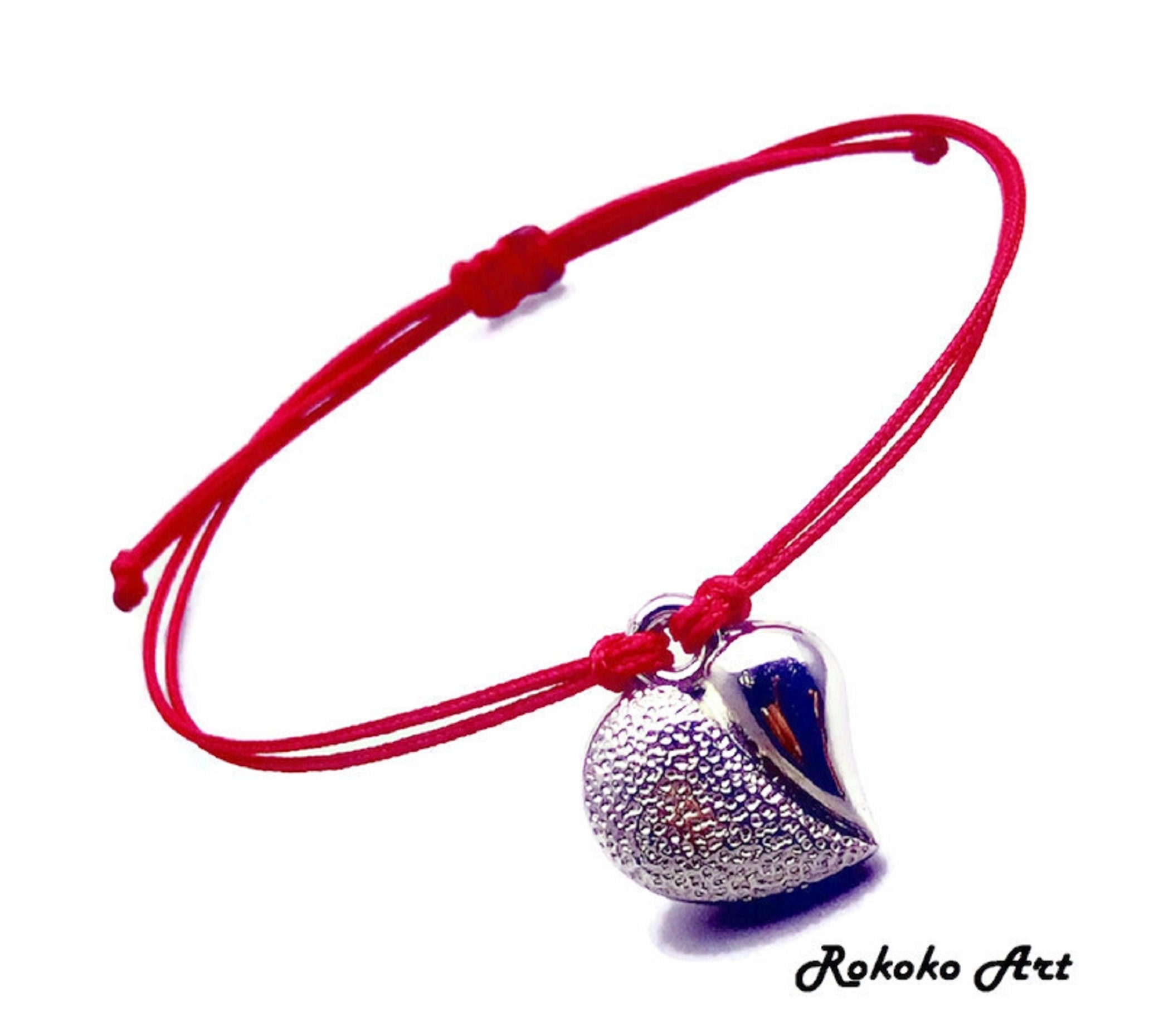 Heart Charm String Bracelet.Adjustable Knot.Red String Etsy