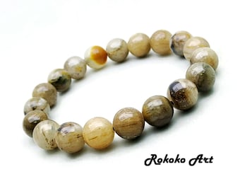 10mm Golden Rutilated Quartz Bracelet: Round Beads Natural Gemstone, Handmade Unisex Stretch Jewelry